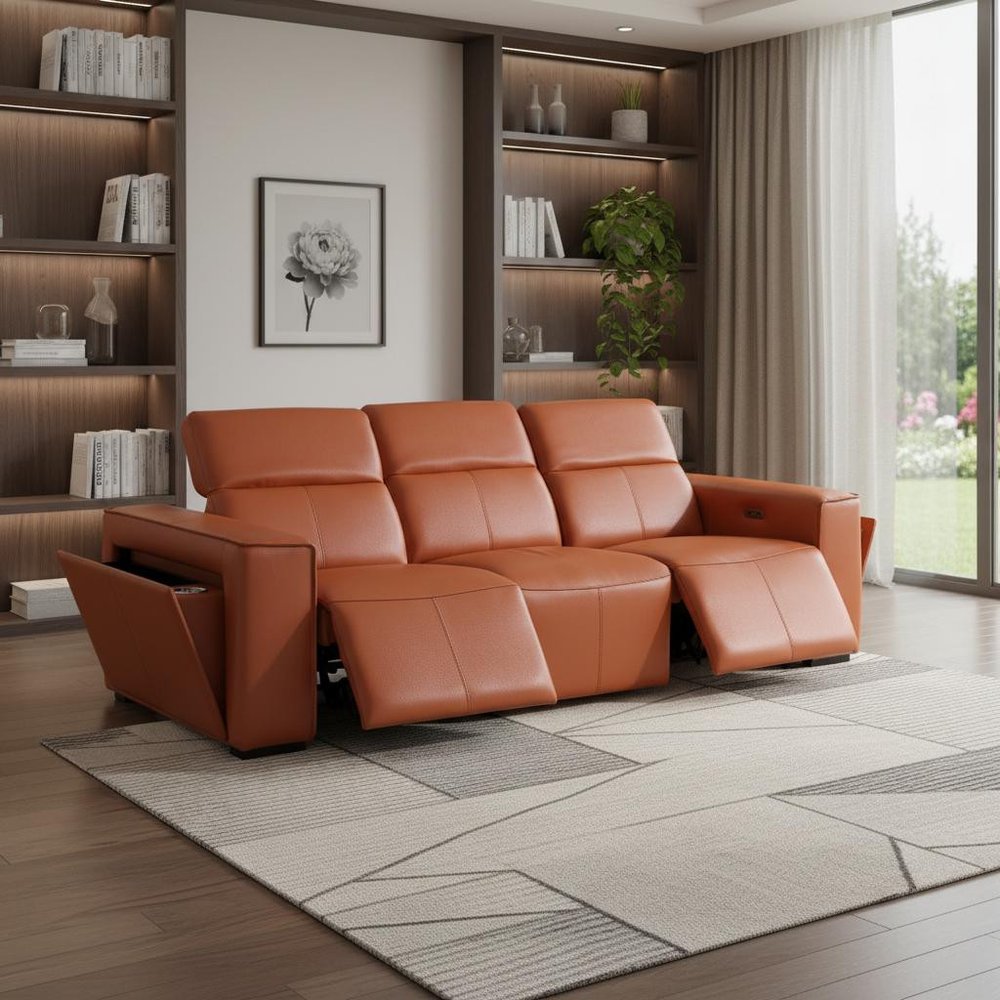 104" Beige Top Grain Leather Reclining Metal USB Sofa