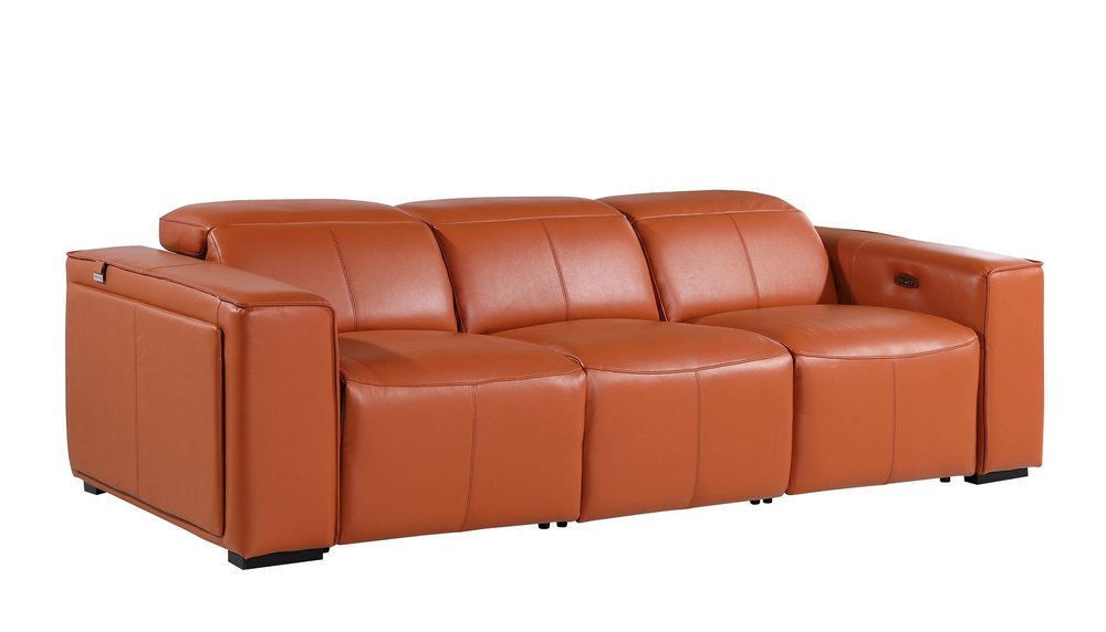 104" Beige Top Grain Leather Reclining Metal USB Sofa