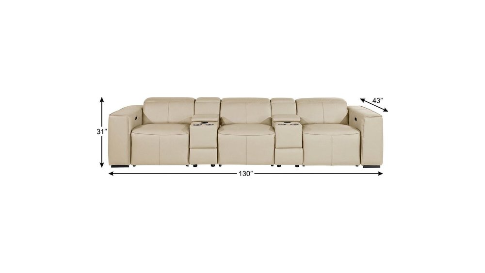 130" Beige Top Grain Leather Reclining Metal USB Sofa