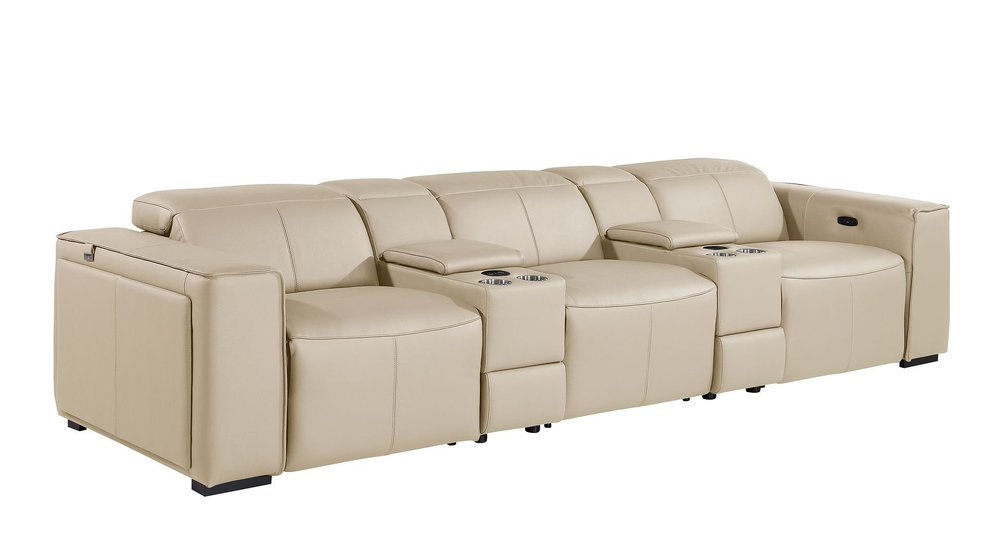 130" Beige Top Grain Leather Reclining Metal USB Sofa