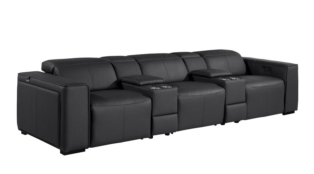 130" Beige Top Grain Leather Reclining Metal USB Sofa
