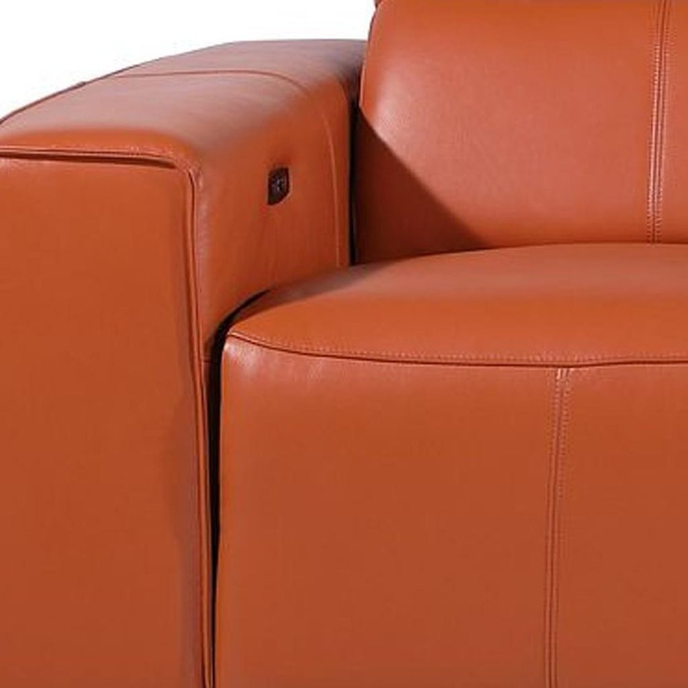 130" Beige Top Grain Leather Reclining Metal USB Sofa