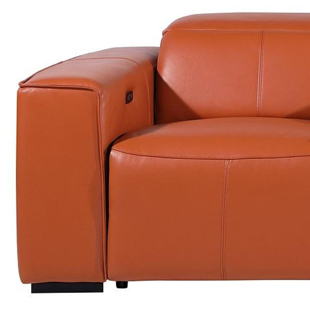 130" Beige Top Grain Leather Reclining Metal USB Sofa