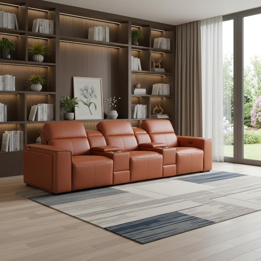 130" Beige Top Grain Leather Reclining Metal USB Sofa