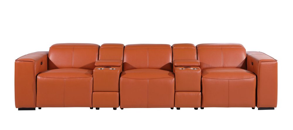 130" Beige Top Grain Leather Reclining Metal USB Sofa