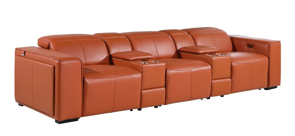 130" Beige Top Grain Leather Reclining Metal USB Sofa
