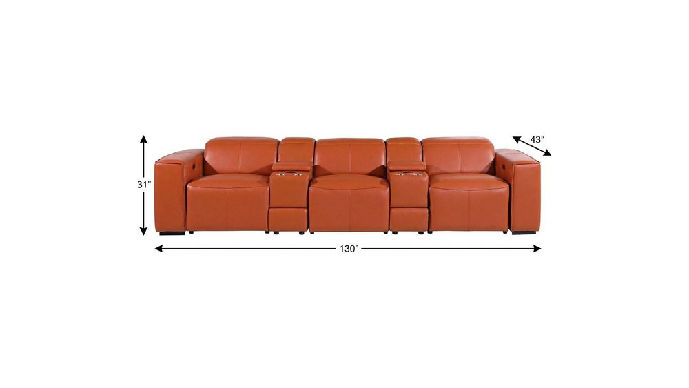 130" Beige Top Grain Leather Reclining Metal USB Sofa