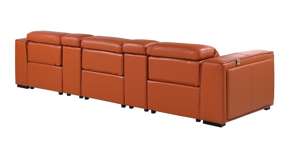 130" Beige Top Grain Leather Reclining Metal USB Sofa