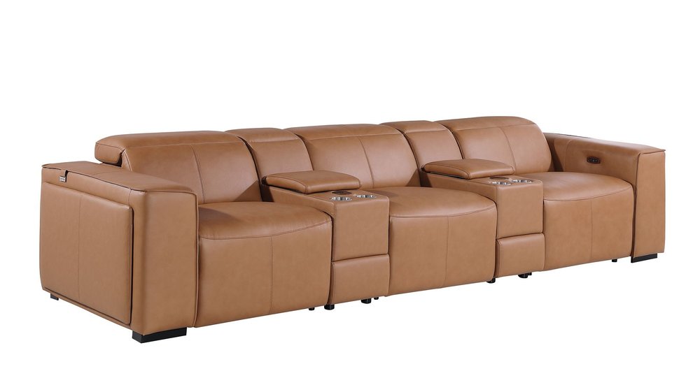 130" Beige Top Grain Leather Reclining Metal USB Sofa