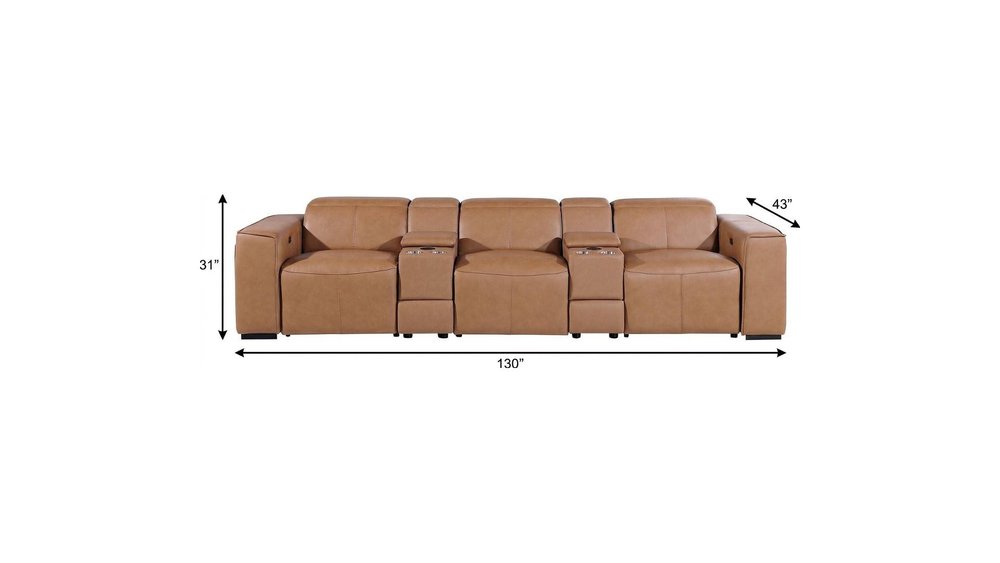 130" Beige Top Grain Leather Reclining Metal USB Sofa