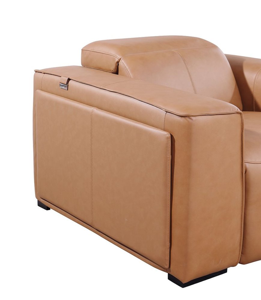 130" Beige Top Grain Leather Reclining Metal USB Sofa