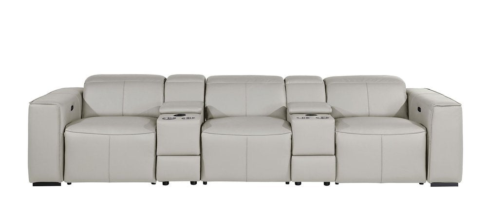 130" Beige Top Grain Leather Reclining Metal USB Sofa