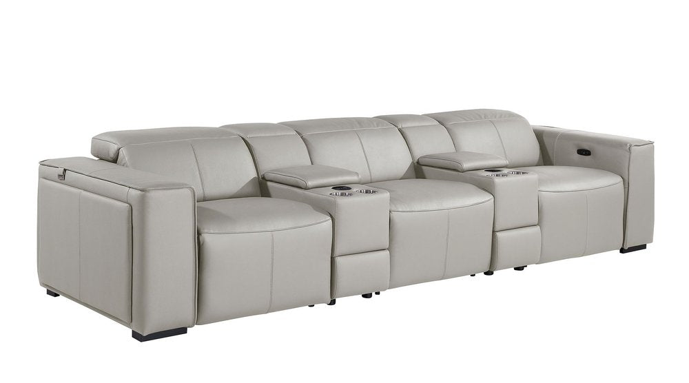 130" Beige Top Grain Leather Reclining Metal USB Sofa