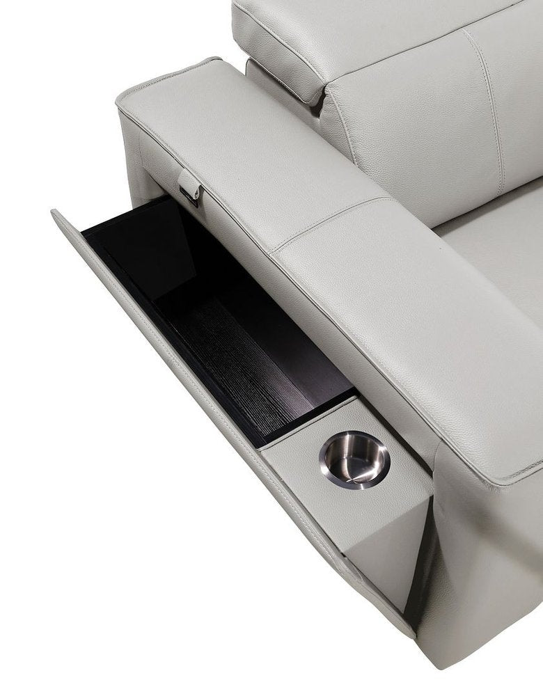 130" Beige Top Grain Leather Reclining Metal USB Sofa