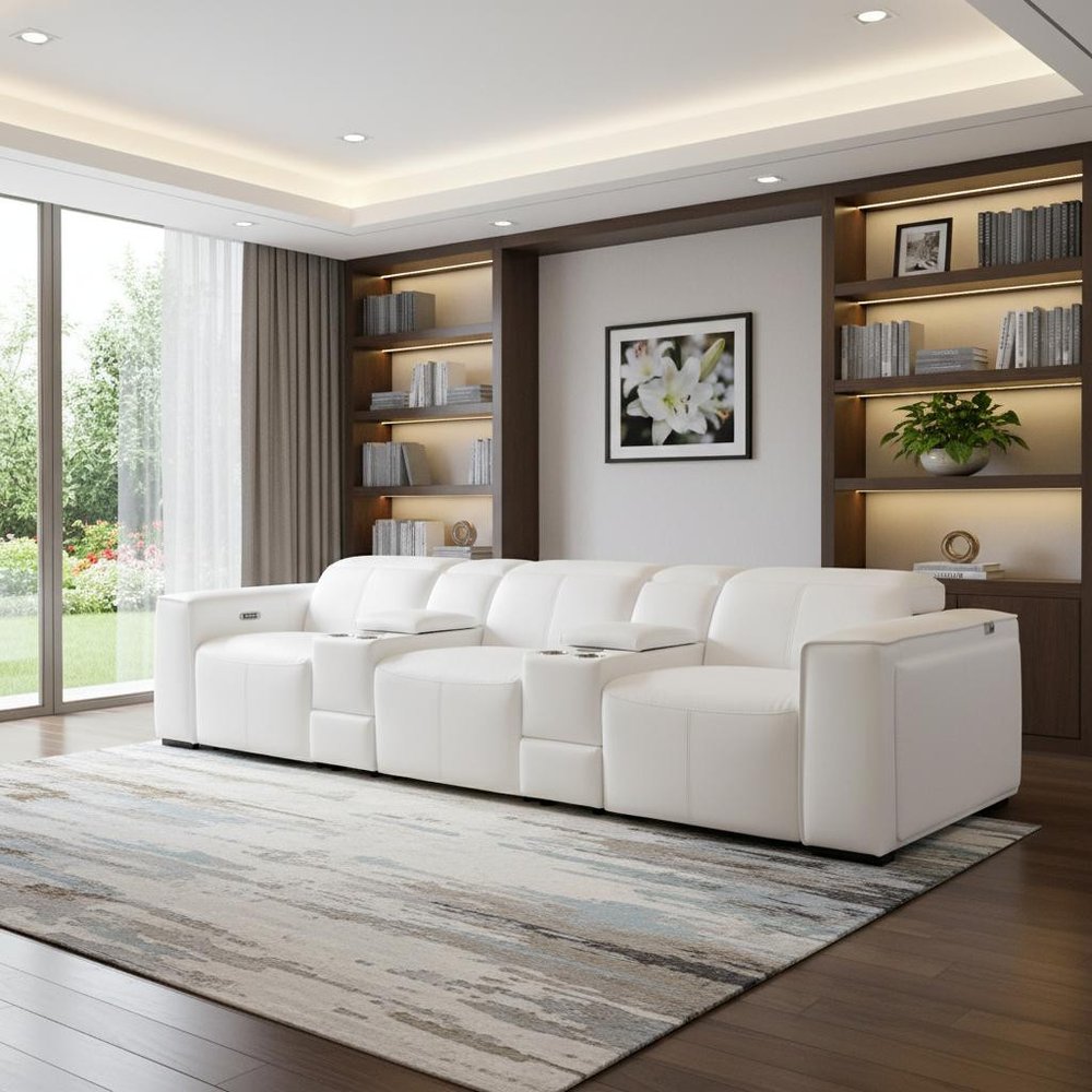 130" Beige Top Grain Leather Reclining Metal USB Sofa