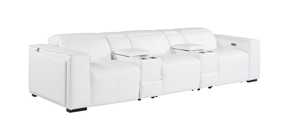 130" Beige Top Grain Leather Reclining Metal USB Sofa