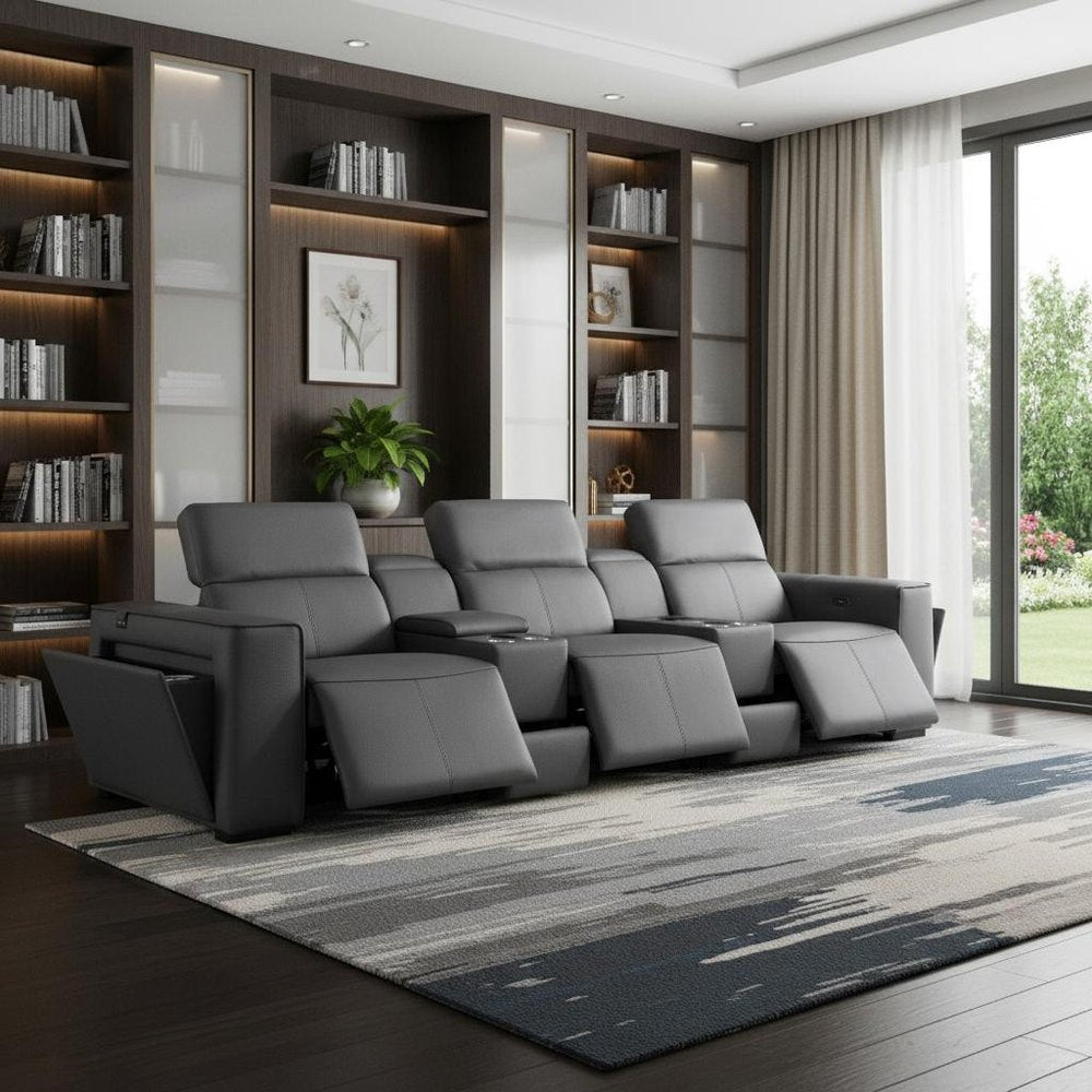 130" Beige Top Grain Leather Reclining Metal USB Sofa