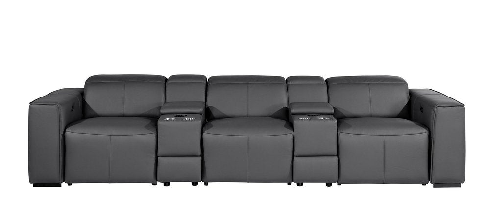 130" Beige Top Grain Leather Reclining Metal USB Sofa