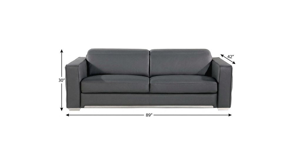 89" Dark Gray Top Grain Leather Reclining Solid Wood Sofa