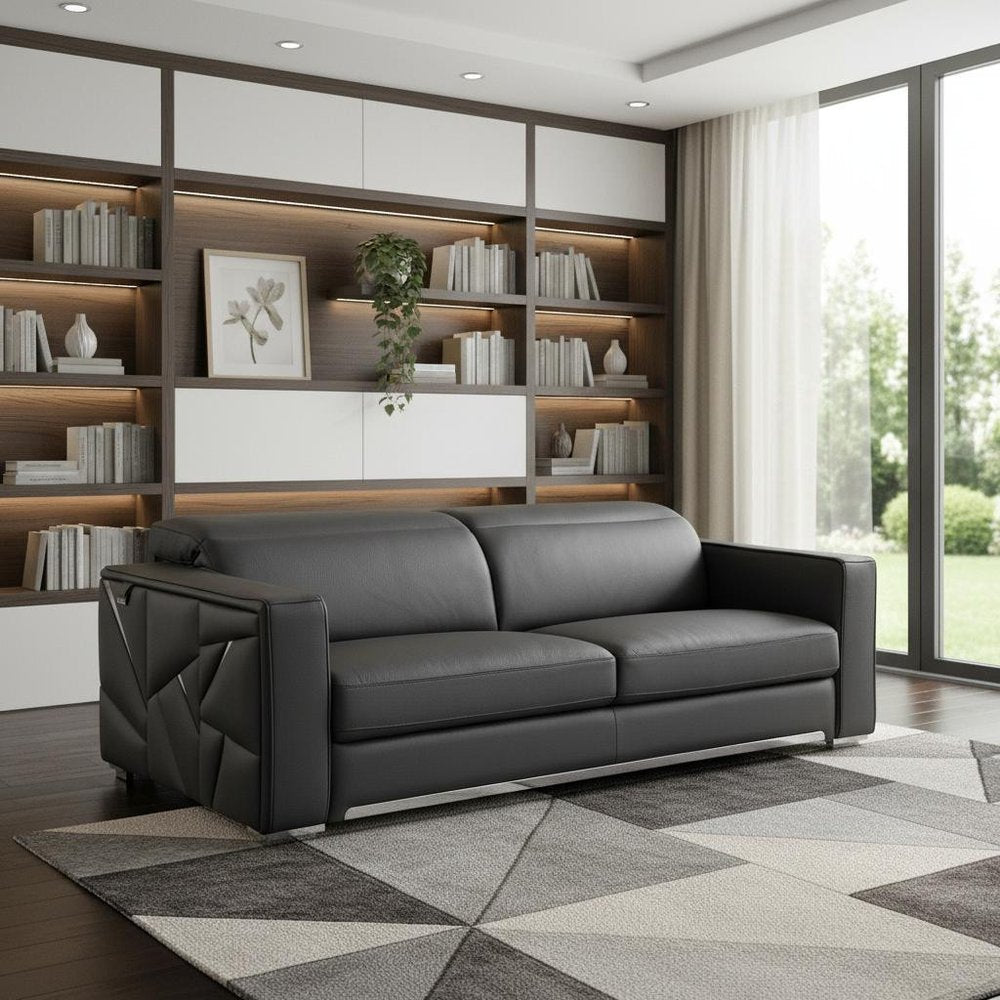 89" Dark Gray Top Grain Leather Reclining Solid Wood Sofa