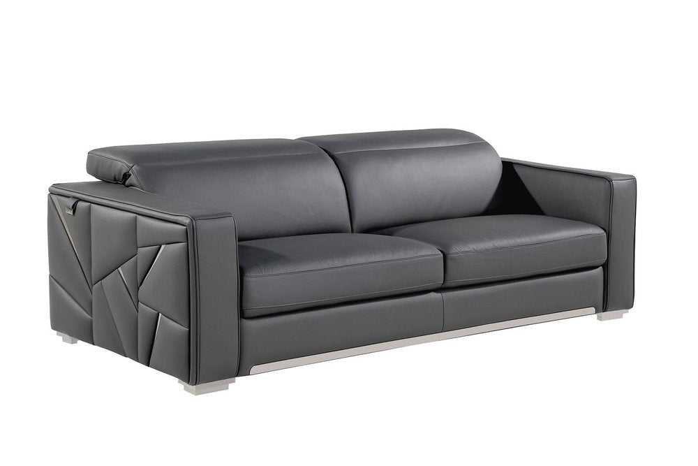 89" Dark Gray Top Grain Leather Reclining Solid Wood Sofa