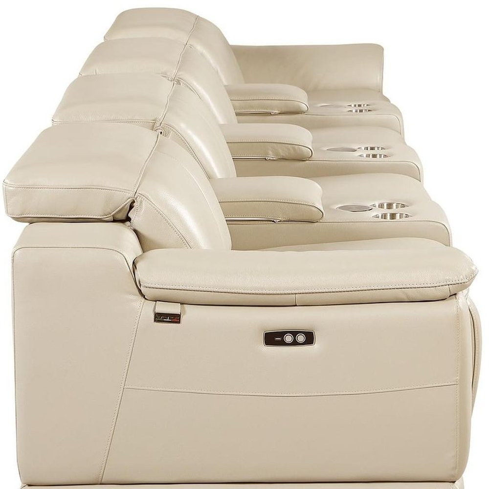175" Beige Italian Leather Reclining Metal USB Sofa