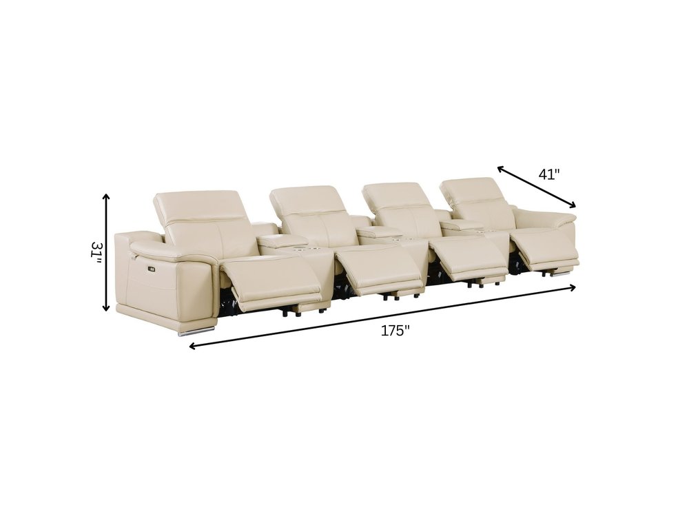 175" Beige Italian Leather Reclining Metal USB Sofa