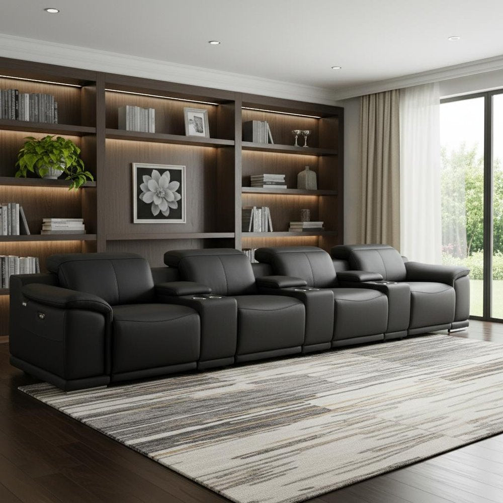 175" Beige Italian Leather Reclining Metal USB Sofa