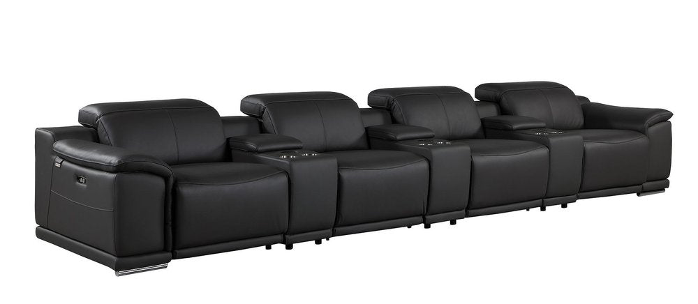 175" Beige Italian Leather Reclining Metal USB Sofa