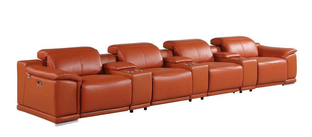 175" Beige Italian Leather Reclining Metal USB Sofa