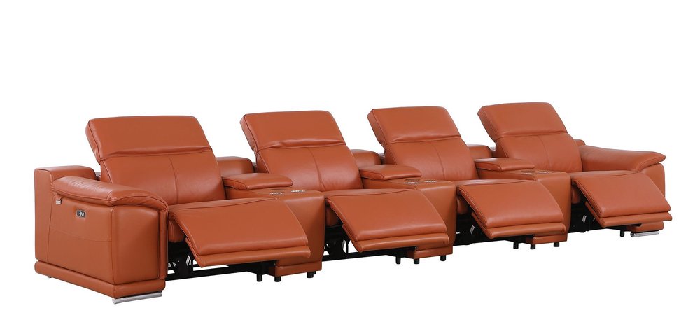 175" Beige Italian Leather Reclining Metal USB Sofa