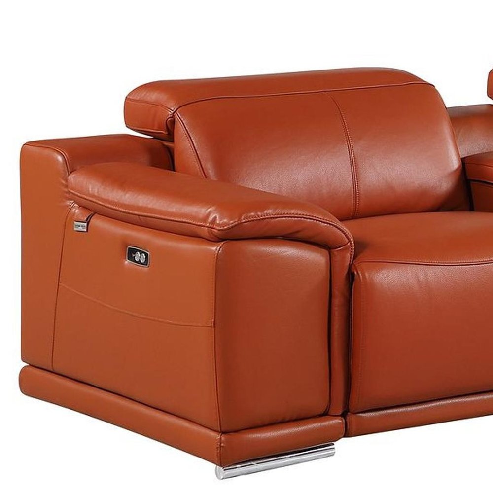 175" Beige Italian Leather Reclining Metal USB Sofa