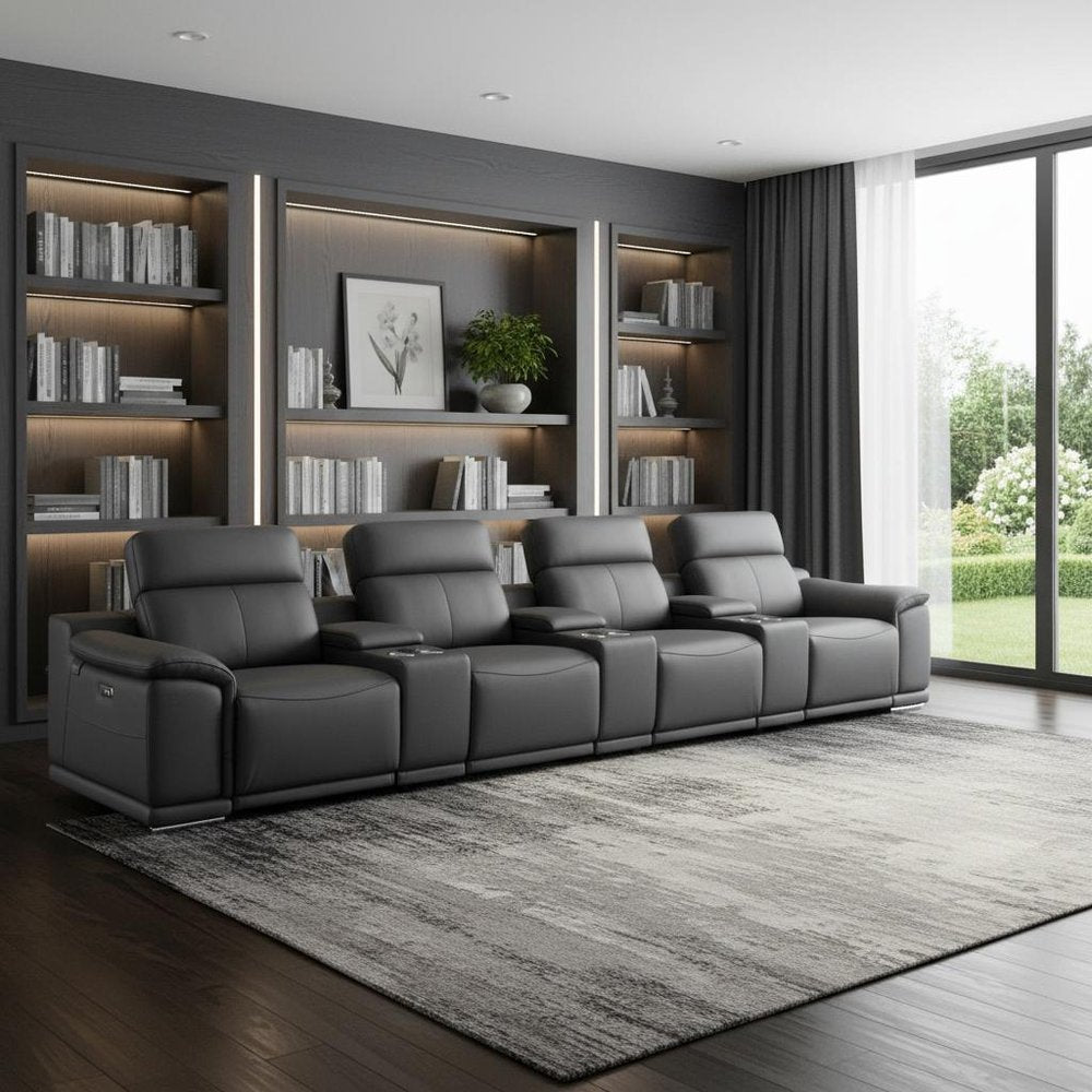 175" Beige Italian Leather Reclining Metal USB Sofa