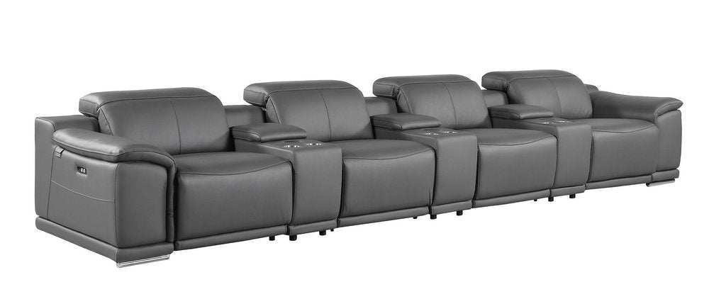 175" Beige Italian Leather Reclining Metal USB Sofa