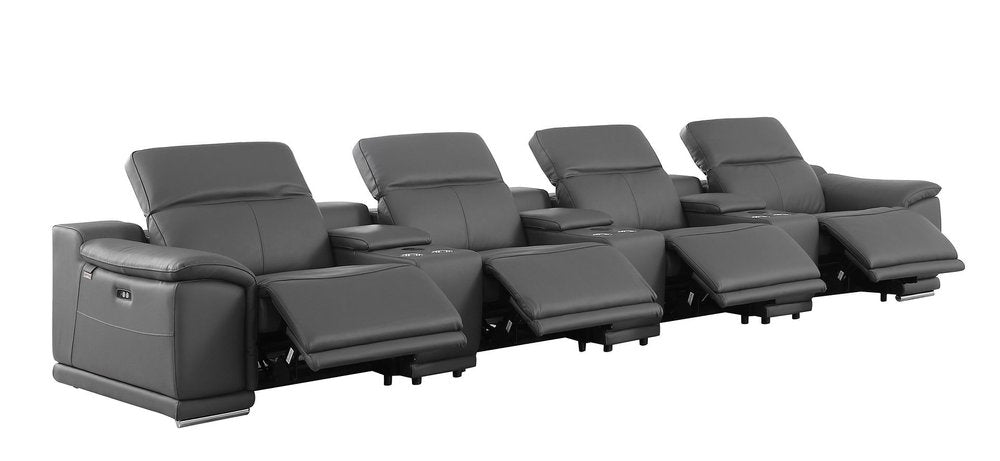 175" Beige Italian Leather Reclining Metal USB Sofa