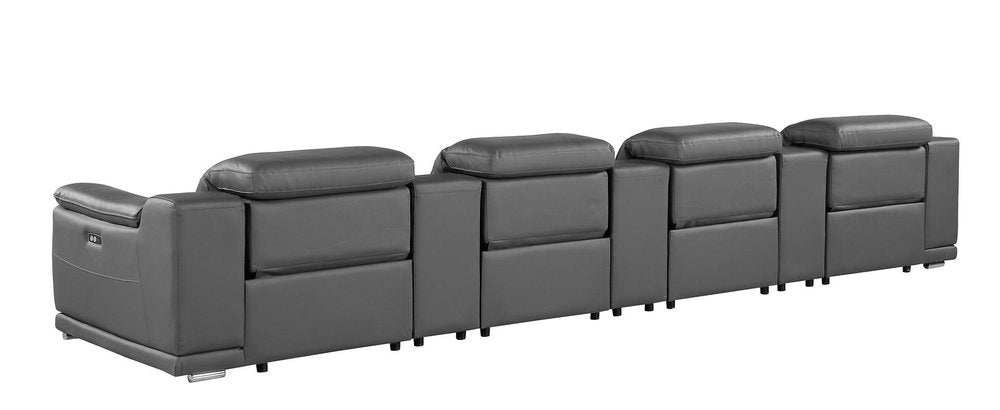 175" Beige Italian Leather Reclining Metal USB Sofa