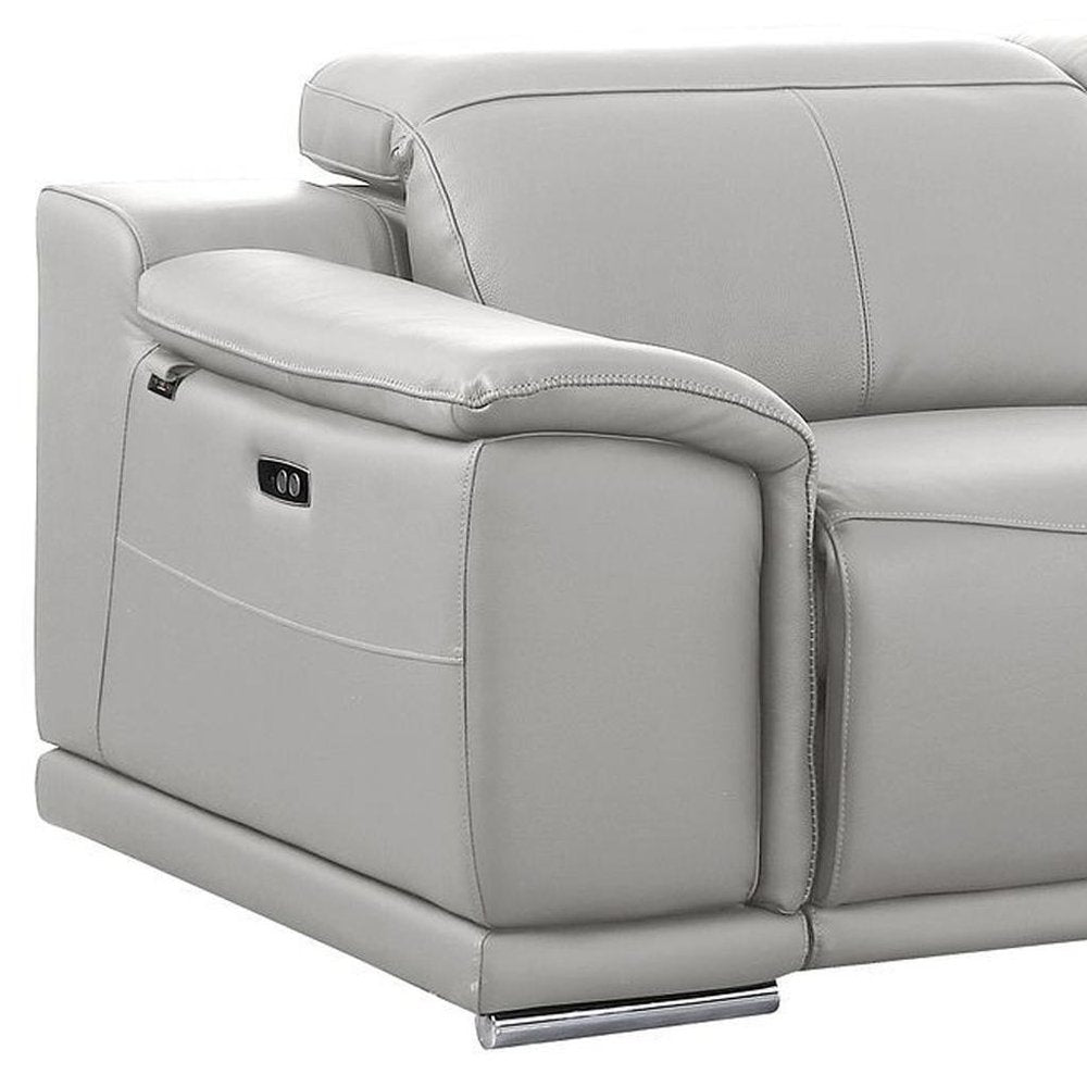 175" Beige Italian Leather Reclining Metal USB Sofa