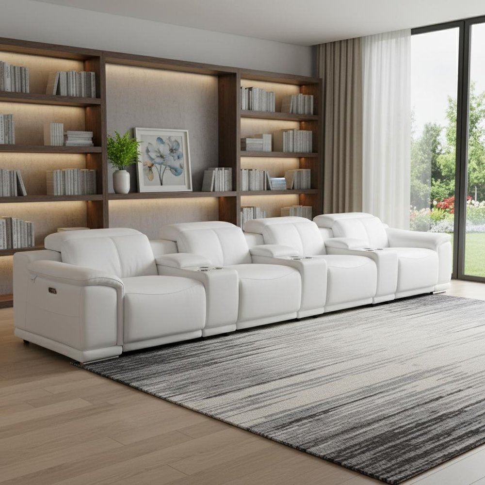 175" Beige Italian Leather Reclining Metal USB Sofa