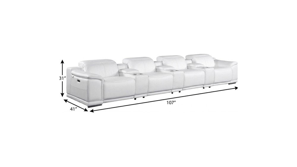 175" Beige Italian Leather Reclining Metal USB Sofa