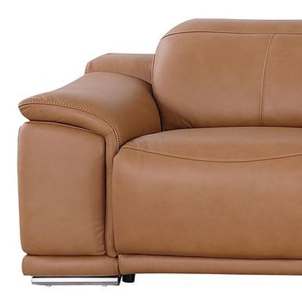 175" Beige Italian Leather Reclining Metal USB Sofa