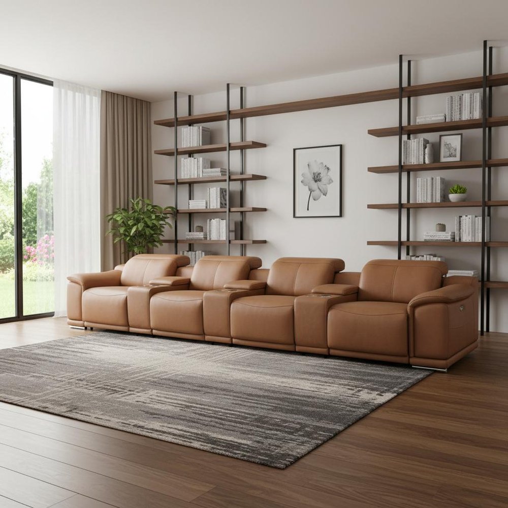 175" Beige Italian Leather Reclining Metal USB Sofa