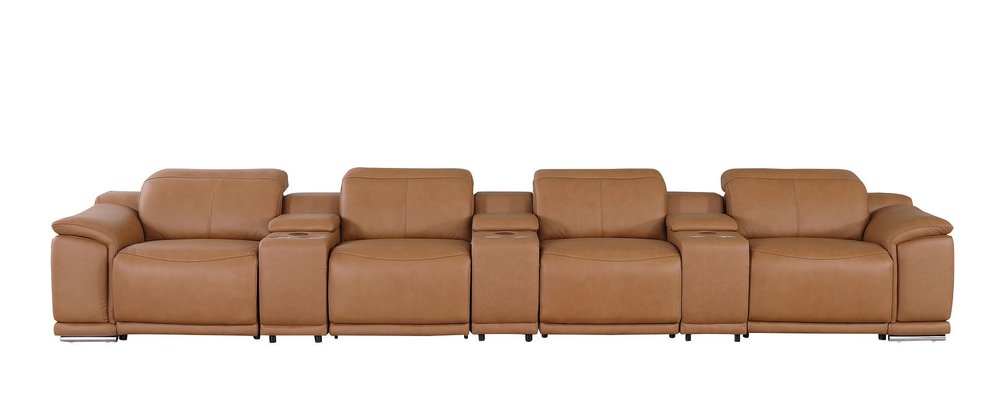 175" Beige Italian Leather Reclining Metal USB Sofa