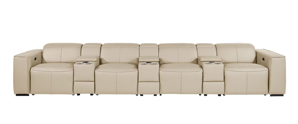 170" Beige Top Grain Leather Reclining Metal USB Sofa