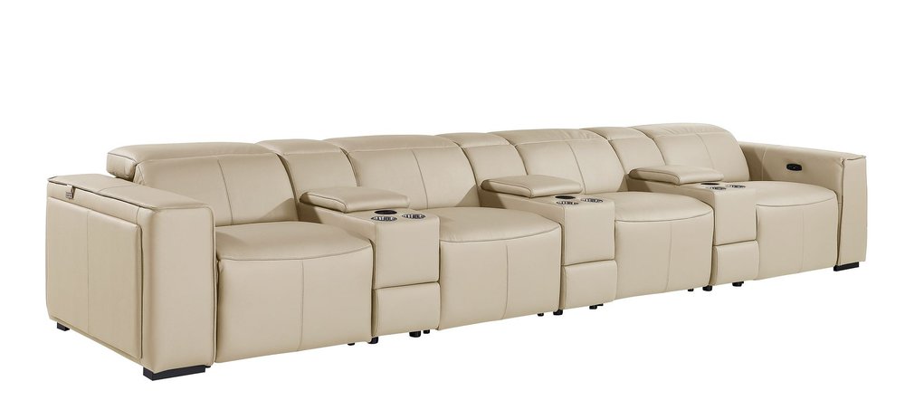 170" Beige Top Grain Leather Reclining Metal USB Sofa