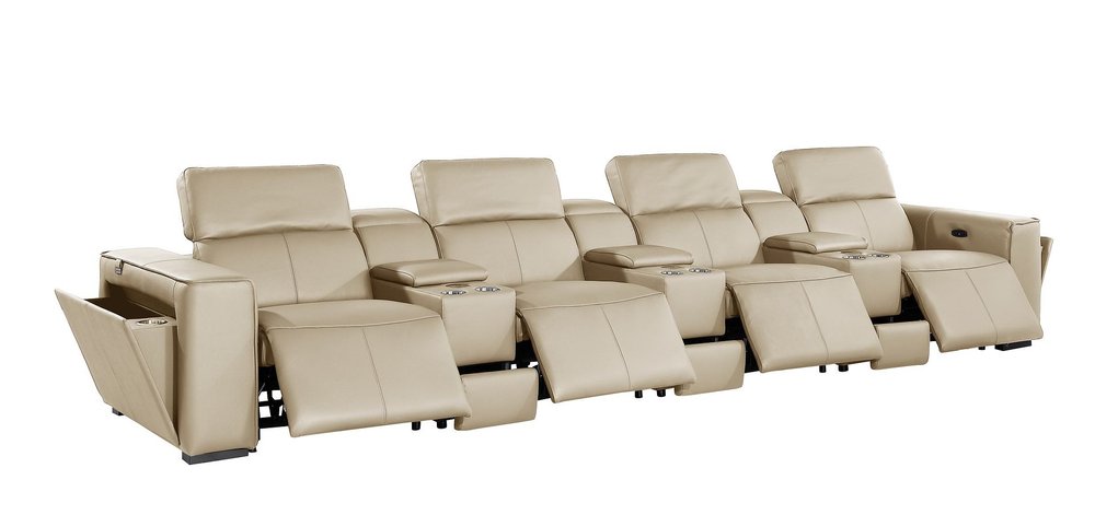 170" Beige Top Grain Leather Reclining Metal USB Sofa