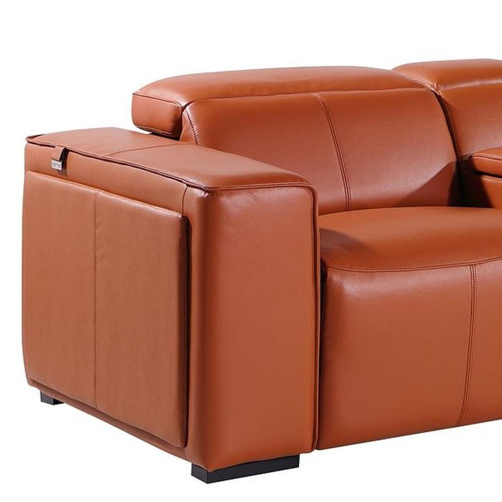 170" Beige Top Grain Leather Reclining Metal USB Sofa