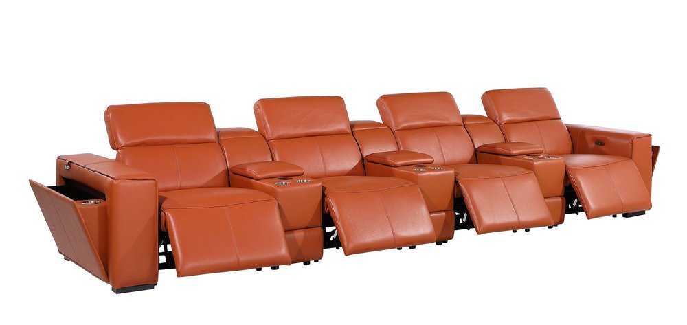 170" Beige Top Grain Leather Reclining Metal USB Sofa