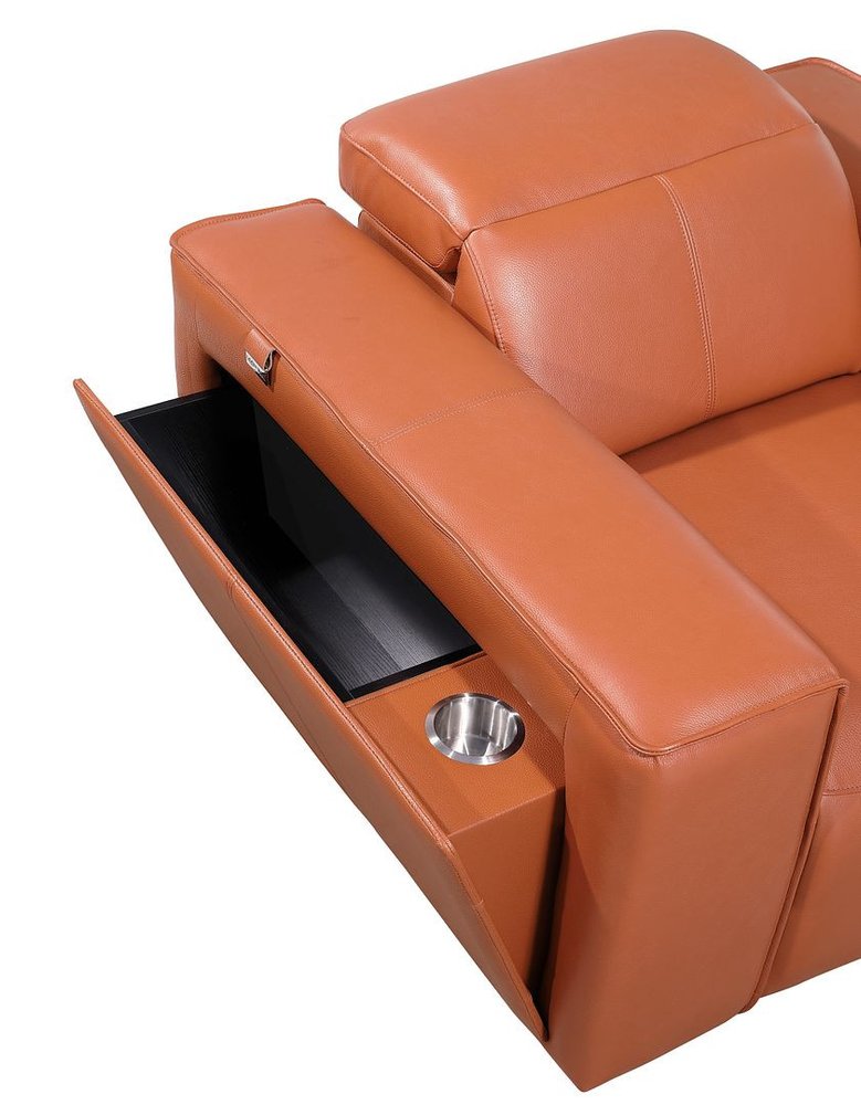 170" Beige Top Grain Leather Reclining Metal USB Sofa