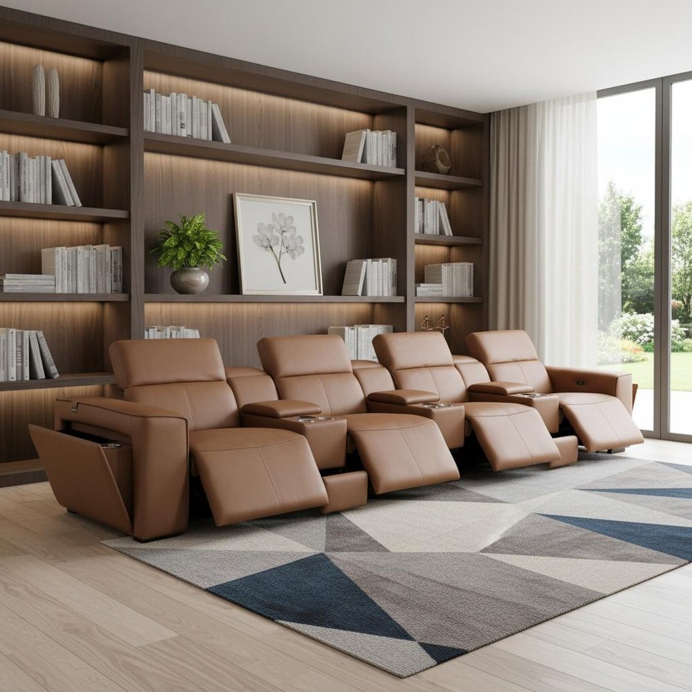 170" Beige Top Grain Leather Reclining Metal USB Sofa