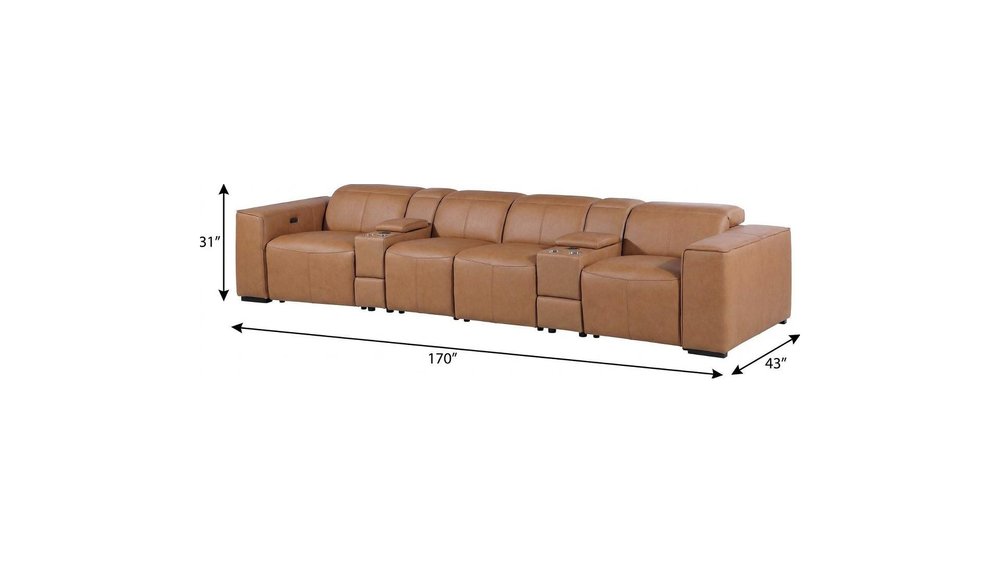 170" Beige Top Grain Leather Reclining Metal USB Sofa